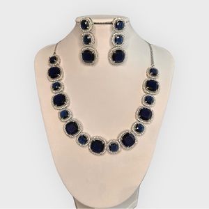 Vintage Blue Crystal Diamonds Round Necklace, 9 inches necklace, 1.5 inches Ear